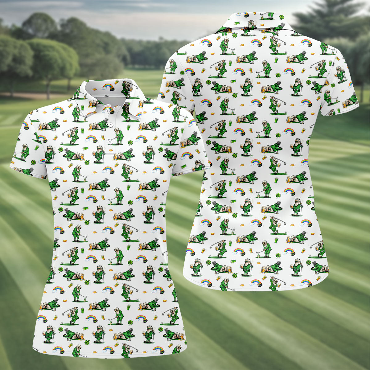 St Patrick's Day Leprechaun Character Golf And Beer White Golf Shirt, Fun Women's Golf Shirts, Ladies Golf Polos