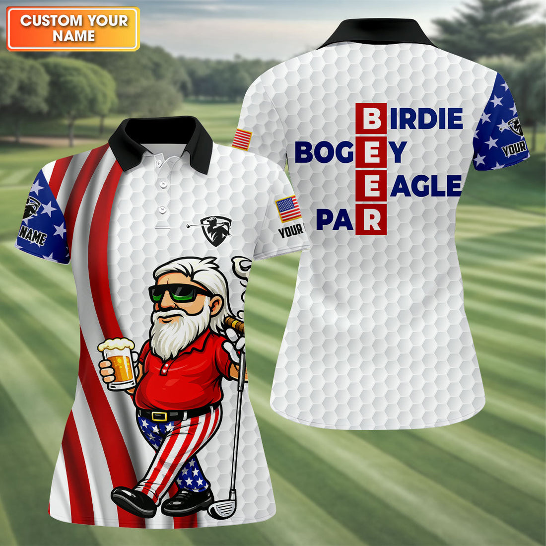 Patriotic Man Golf And Beer Funny 4th Of July White Golf Shirt, 250 Years Of America Women's Golf Tops