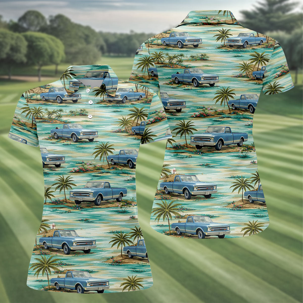 Personalized Truck Golf Shirt, Custom Vehicle Tropical Pattern, Golf Shirt For Women