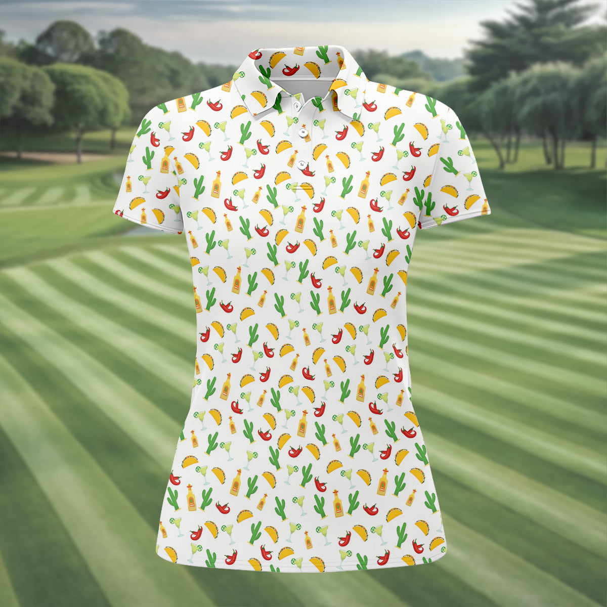 Tropical Vibe Hawaiian Pattern White Golf Shirt, Women's Golf Tops, Golf Gift For Ladies