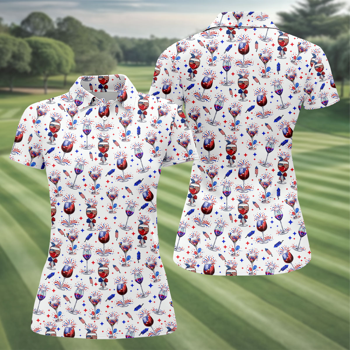 Wine And Martini American Flag Pattern Patriotic 4th Of July White Golf Shirt, 250th Anniversary Women's Golf Tops