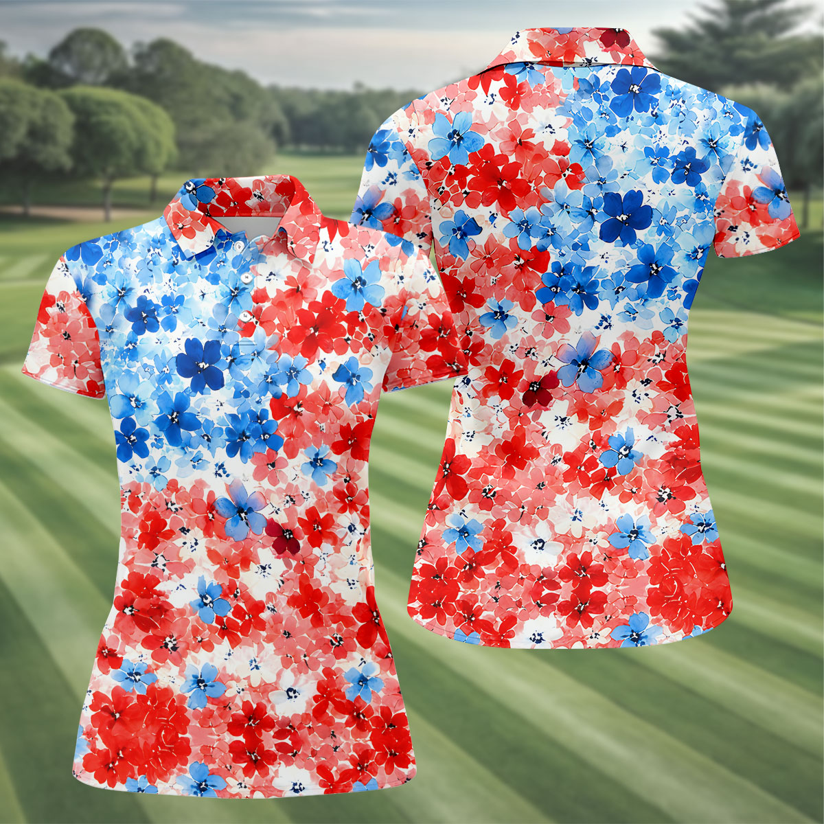 Red White Blue Hawaiian Golf Shirt, 250 Years Women's Golf Tops, Ladies Golf Shirts