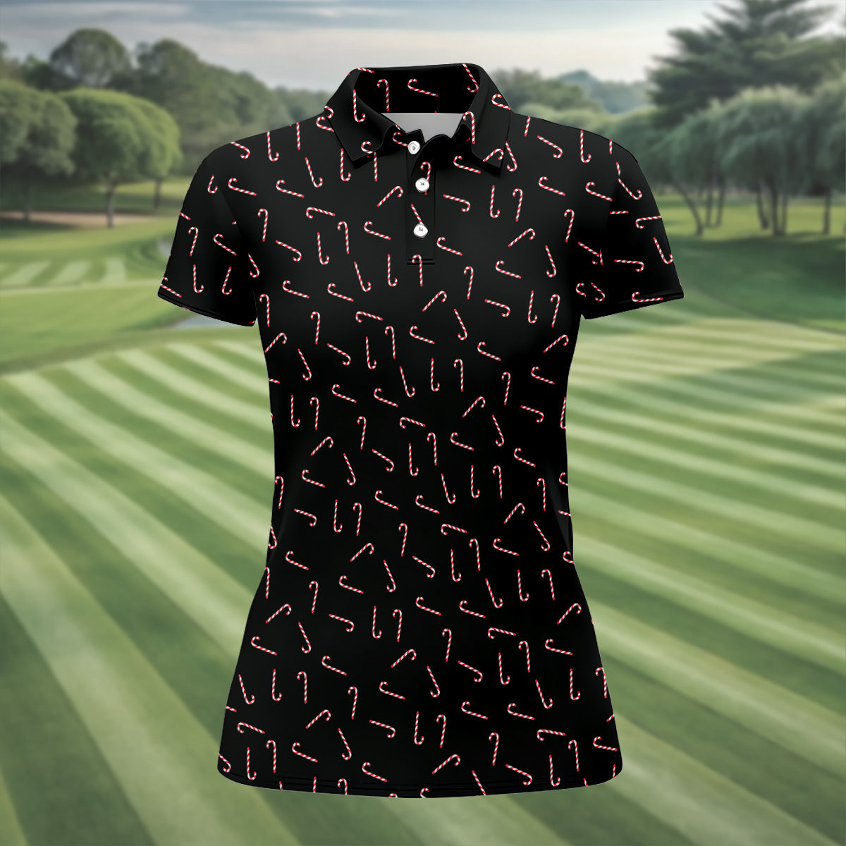 Christmas Candy Cane Women Golf Top, Christmas Golf Shirt, Black Golf Polo ShirtGolf Gift For Ladies