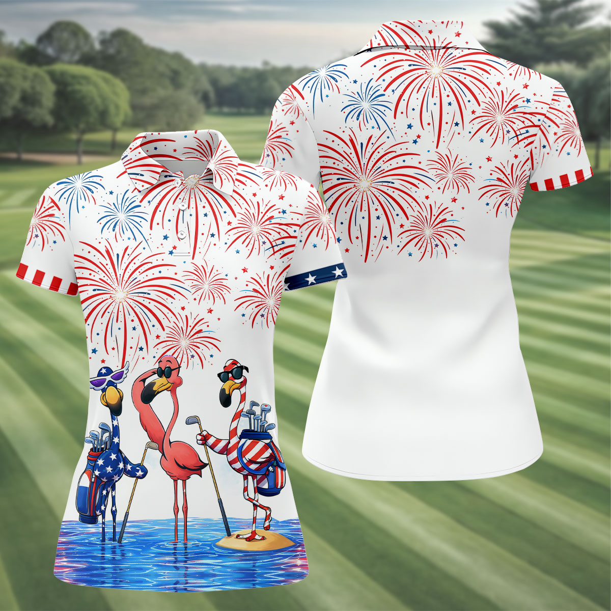 Funny Flamingo American Flag Pattern White Golf Shirt, 250th Anniversary Patriotic Golf Shirt, Women's Polo Shirt