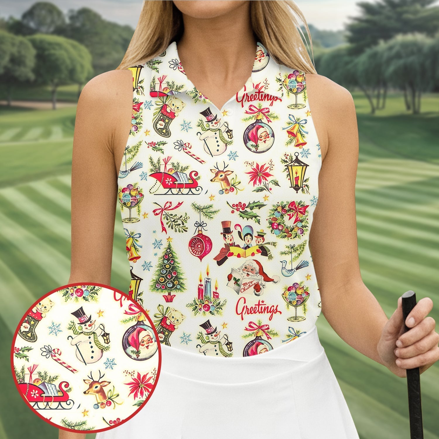 Snowman Santa Greetings Christmas Golf Tops, Women's Christmas Golf Polos Shirt, Ladies Golf Apparel