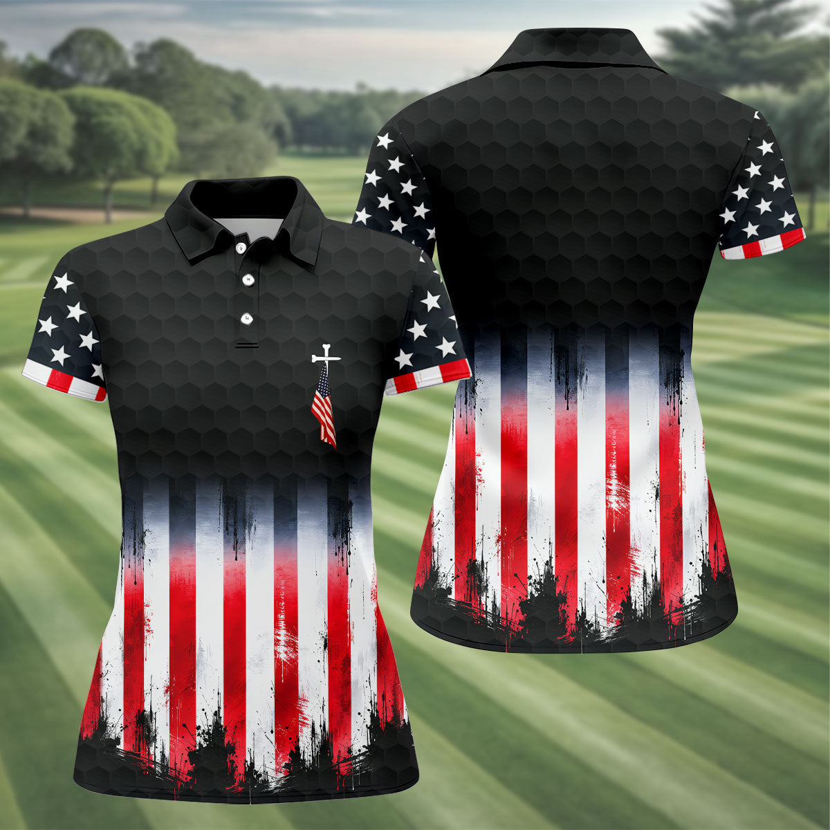 Faith Cross American Flag Patriotic Golf Ball Pattern 4th Of July Golf Shirt, 250th Anniversary Golf Shirt For Women