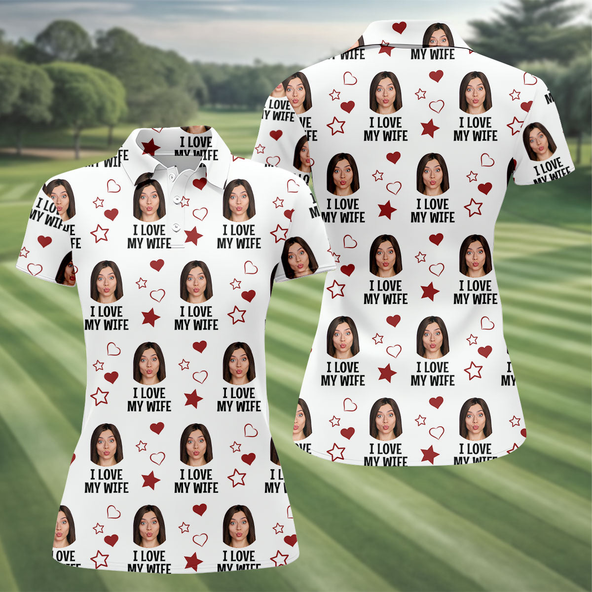 I Love My Husband Custom Face White Golf Shirt, Fun Women's Golf Shirts, Valentines Golf Gift, Ladies Golf Shirts