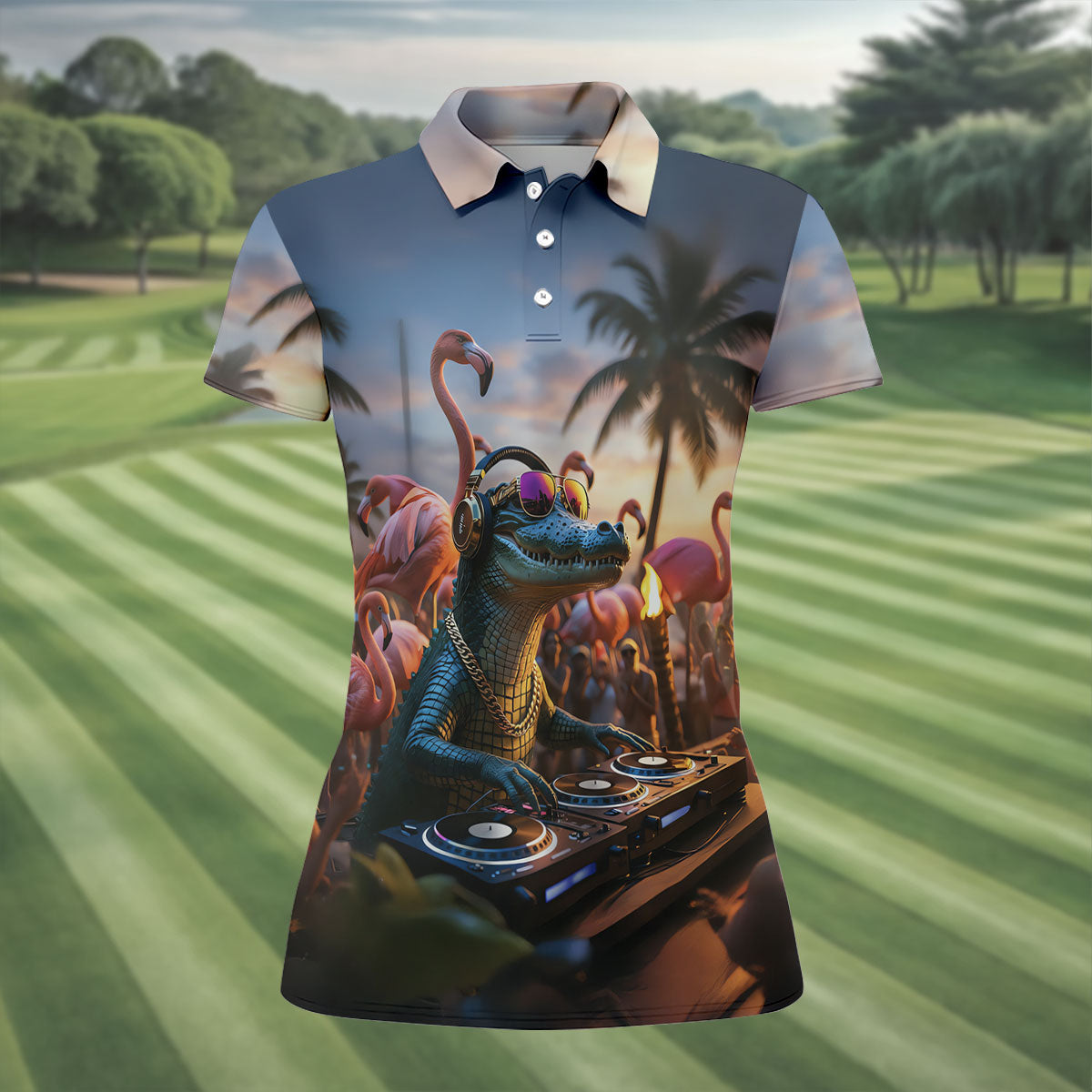 Funny Crocodile DJ Mardi Gras Festival Flamingo Golf Shirt, Women's Golf Tops, Ladies Golf Polos