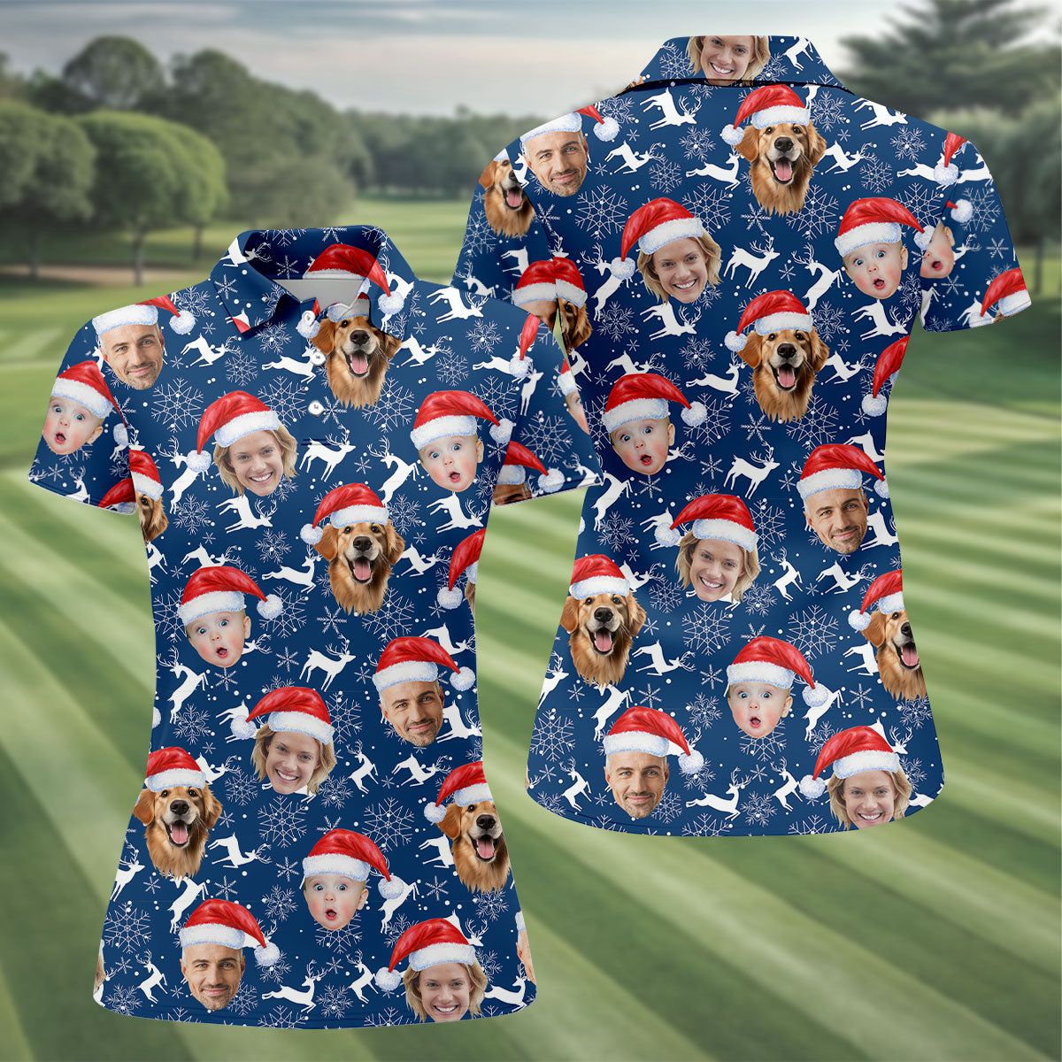 Custom Face Reindeer Pattern Navy Golf Shirt, Christmas Golf Shirt, Women's Golf Tops, Golf Gift For Ladies
