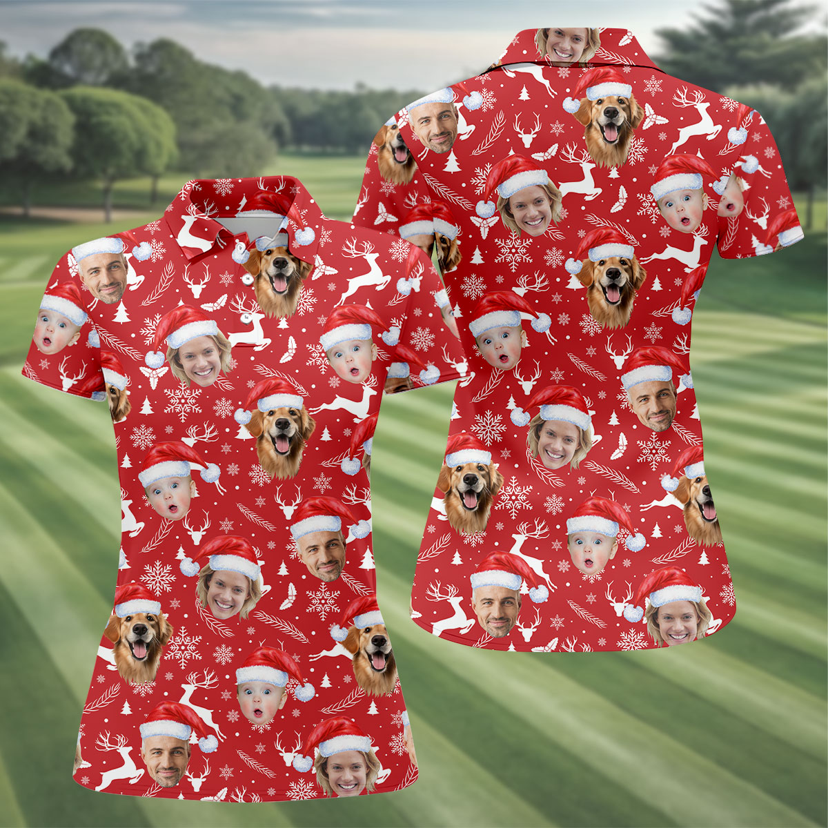 Custom Face Xmas Pattern Red Golf Shirt, Christmas Golf Shirt, Ladies Golf Shirts, Golf Gifts For Women