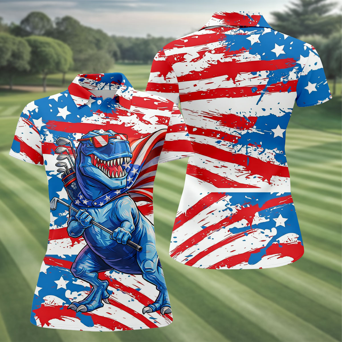 Funny Dinosaur USA Flag Print 250 Years Anniversary Golf Shirt For Women, 4th Of July Patriotic Golf Shirt