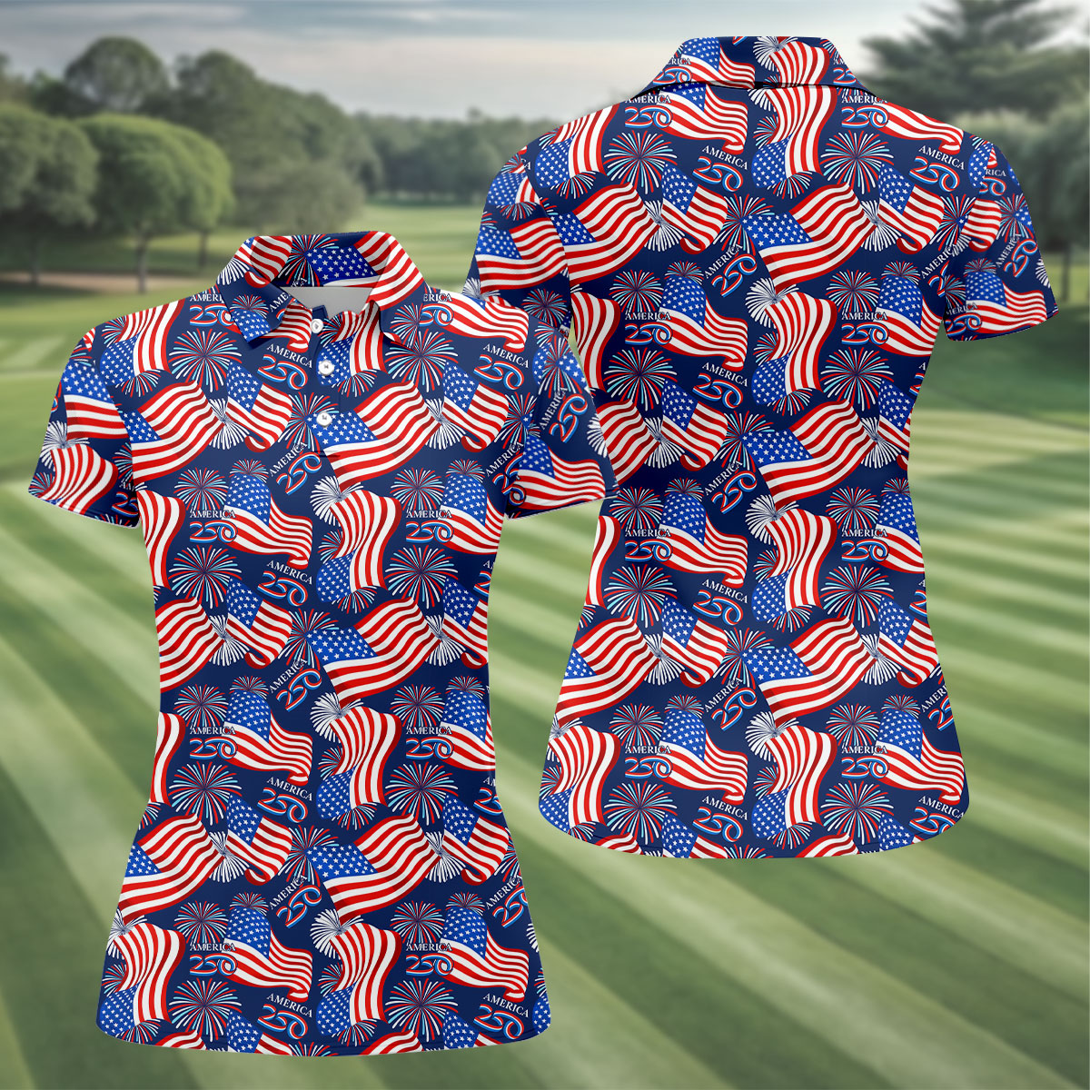 America 250 Anniversary Patriot Flag Navy Golf Shirt, Women's Golf Tops, Ladies Golf Shirt