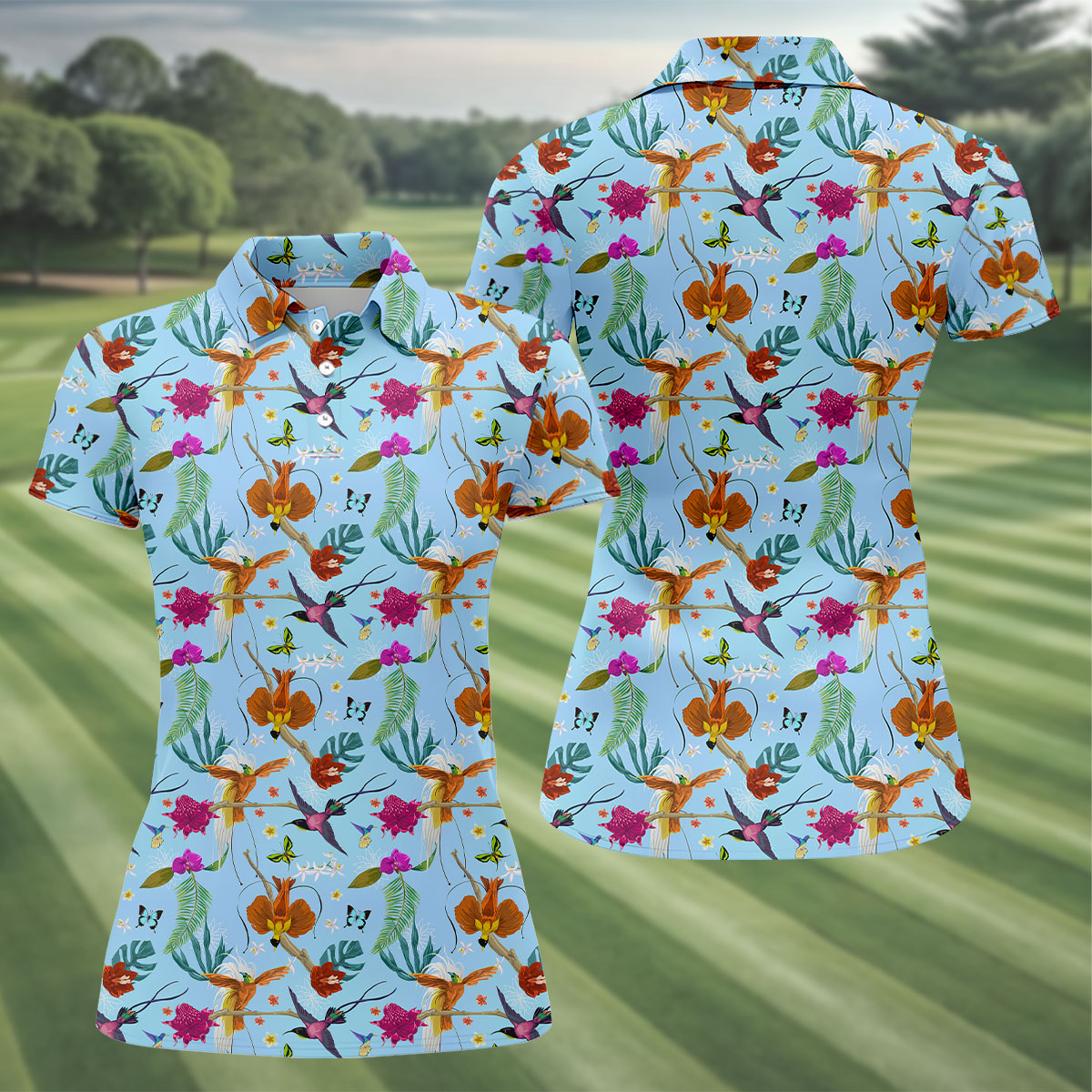 Hummingbird Paradise Golf Shirt, Tropical Flower Garden Pattern, Golf Shirt For Women