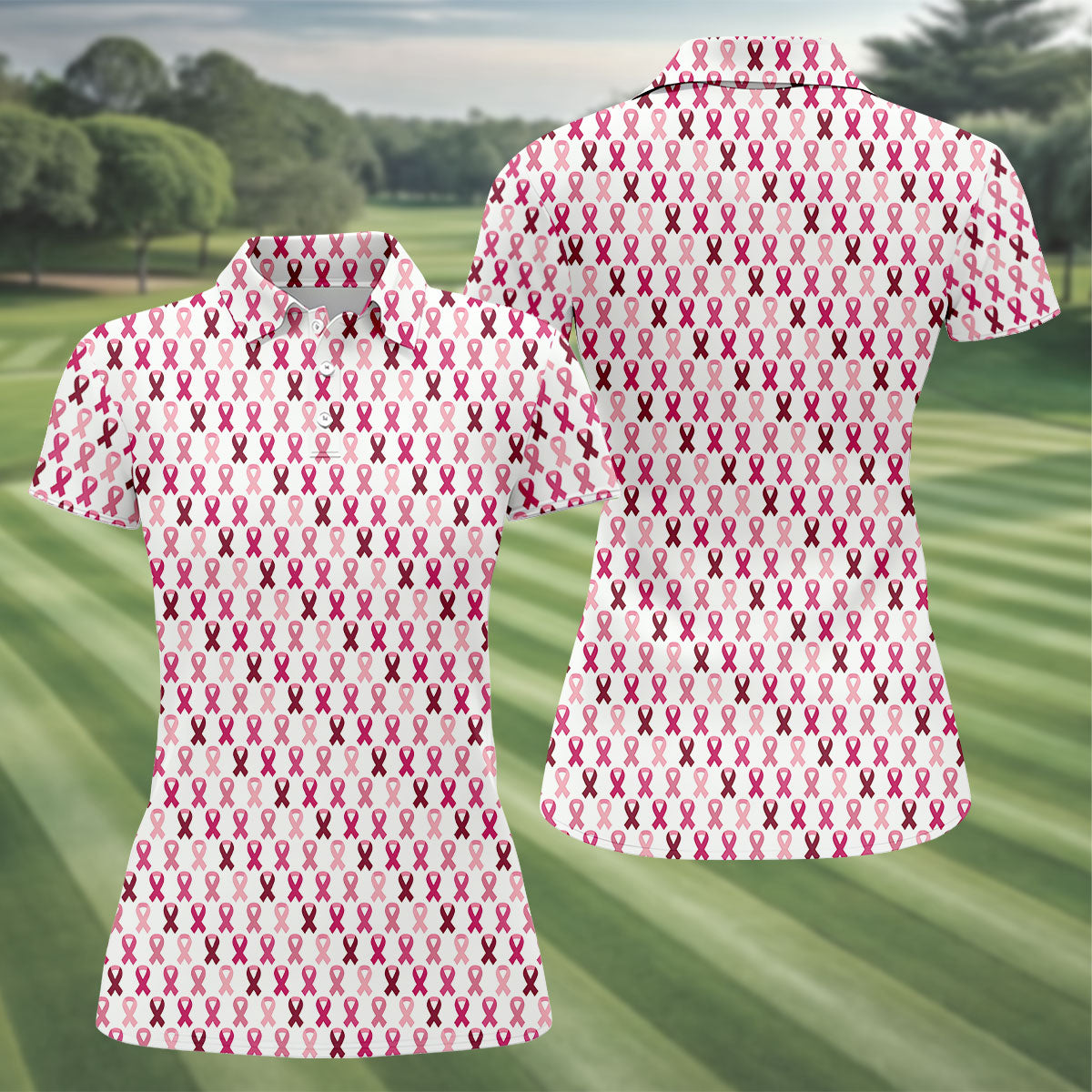 Pink Ribbon Women's Golf Shirt, Pink Golf Shirt Women, Breast Cancer Golf Shirt, Breast Cancer Awareness Shirt