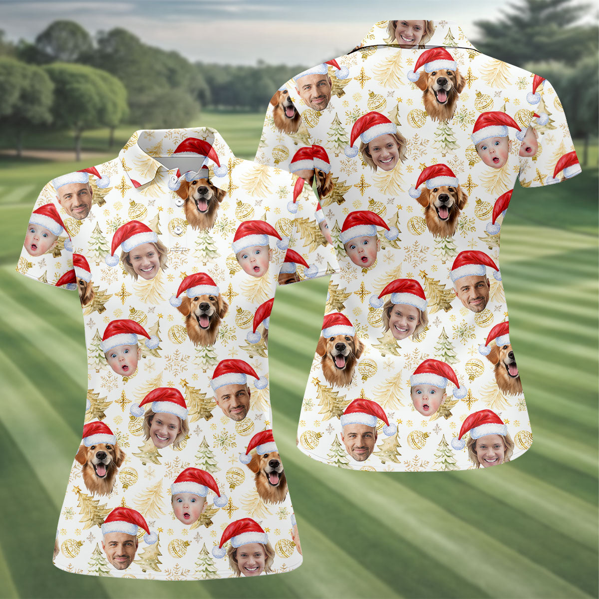 Custom Face Xmas Pattern Golden Print Christmas Golf Shirt, Ladies Golf Tops, Golf Gifts For Women