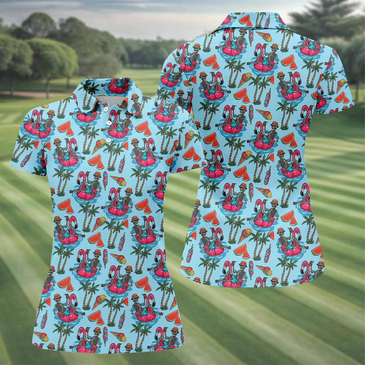 Skeleton Flamingo Summer Vibe Retro Golf Shirt, Fun Women's Golf Shirts, Golf Shirt For Women, Ladies Golf Shirts