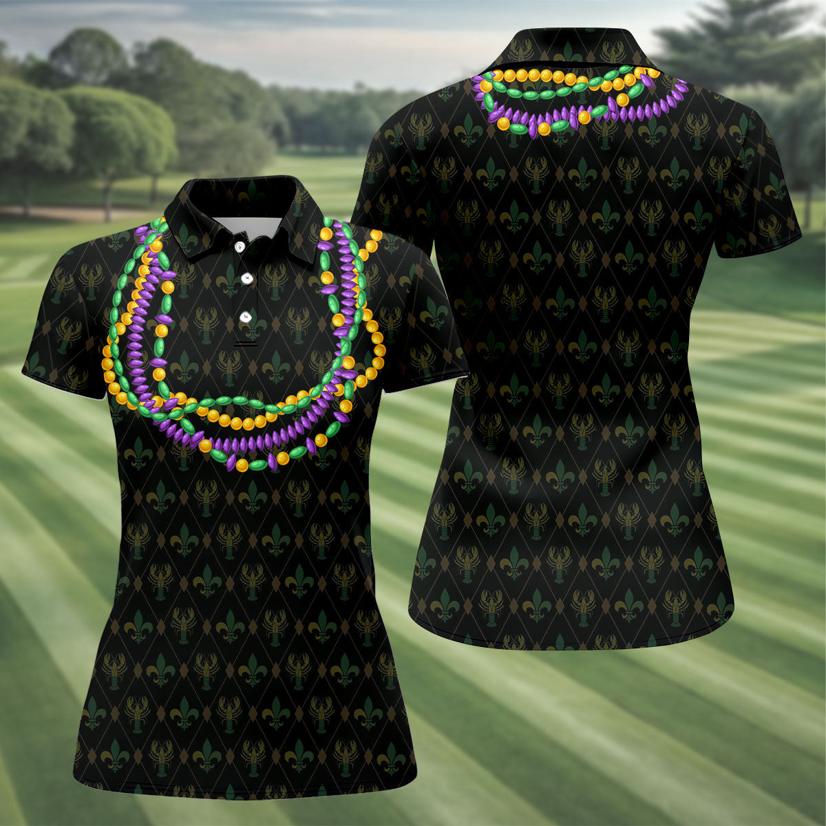 Mardi Gras Beads Chain Crawfish Fleur De Lis Black Golf Shirt, Women's Golf Tops, Ladies Golf Polos