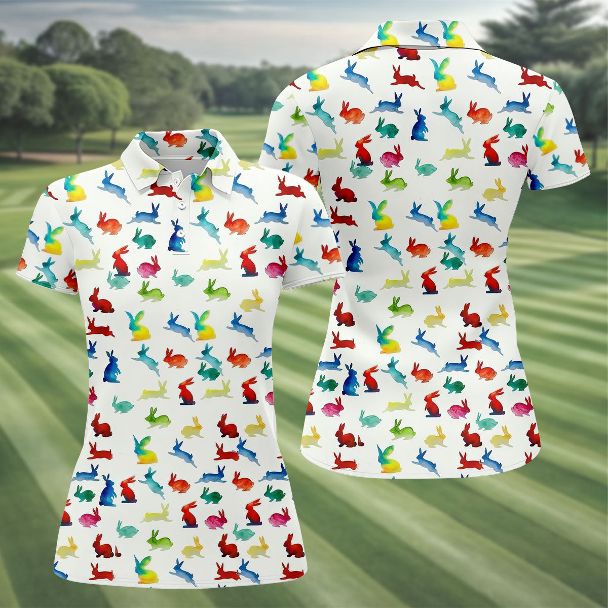 Colorful Bunny Funny Golf Shirt, Easter Bunny Pattern Golf Shirt For Women, Ladies Golf Shirts