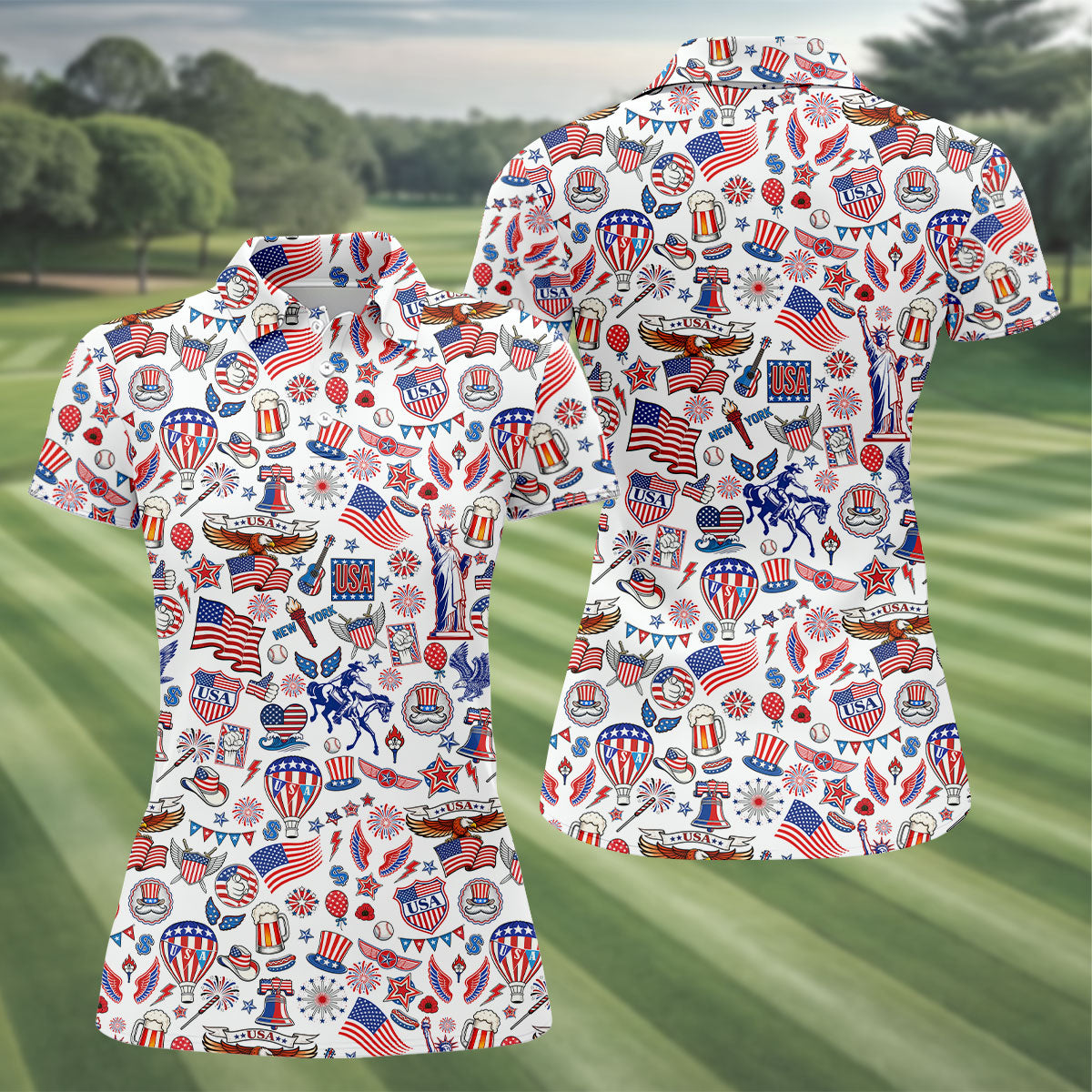 250 Celebration US Flag Pattern Ladies Golf Tops, Patriotic 4th Of July Golf Shirt For Women