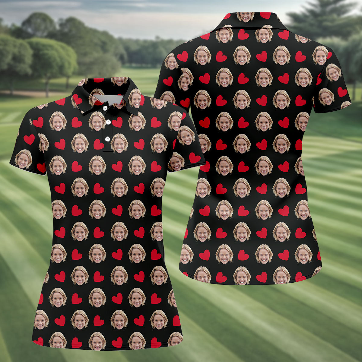 Custom Face Red Heart Pattern Black Golf Shirt, Cute Golf Outfit, Ladies Golf Shirts, Golf Gifts For Women