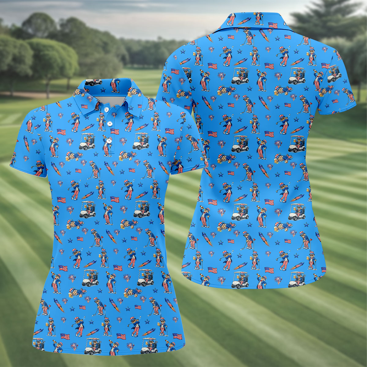 Patriotic Man Golf And Beer Funny 4th Of July Blue Golf Shirt, 250 Years Seamless Pattern Women's Golf Tops