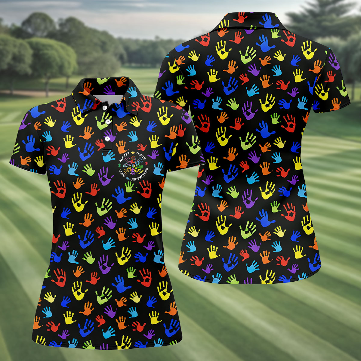 Accept Teach Understand Love Autism Awareness Colorful Handprint Black Golf Shirt, Women's Golf Tops