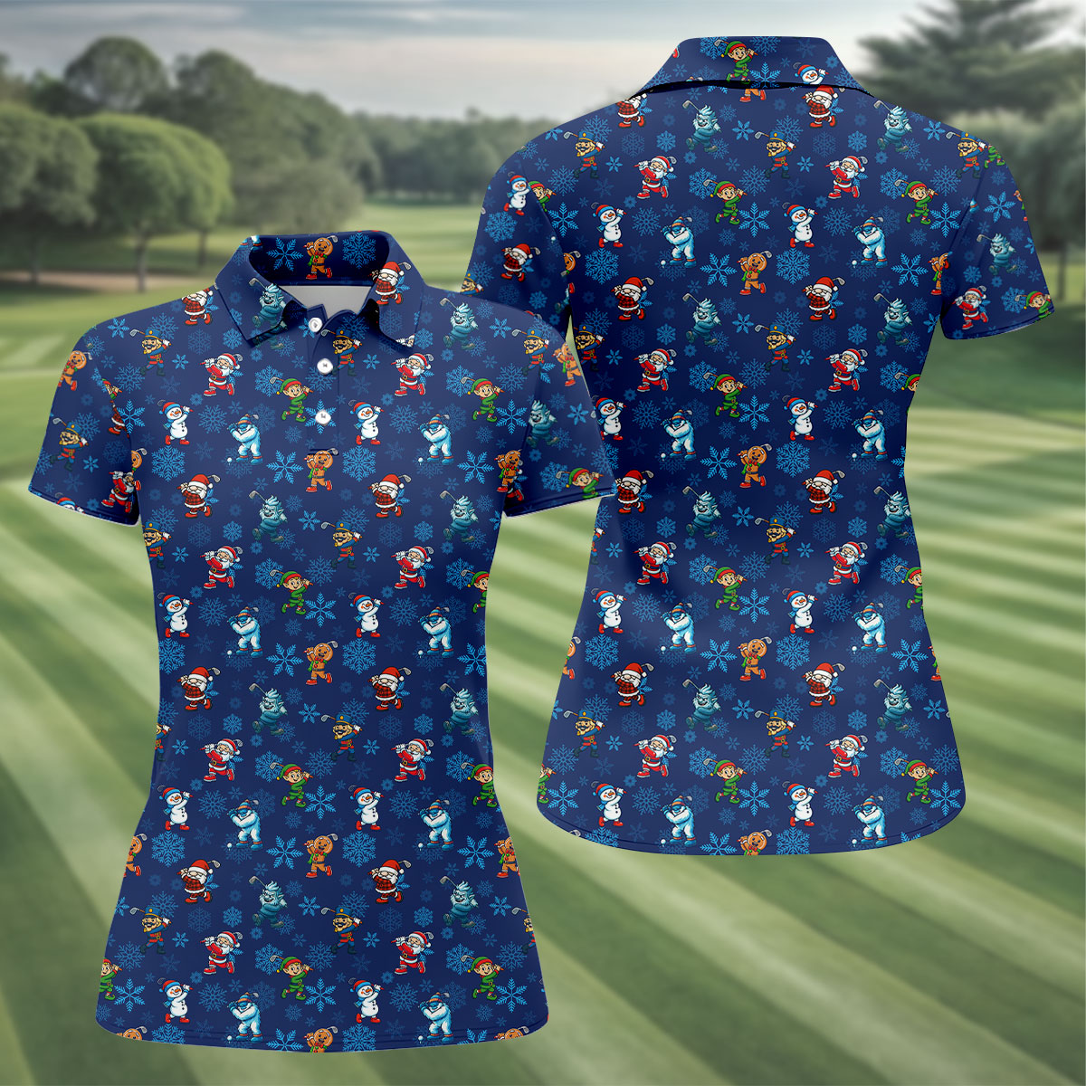 Funny Christmas Characters Golf Pose Navy Golf Shirt, Christmas Golf Shirt, Ladies Golf Shirts, Women's Polo Shirt