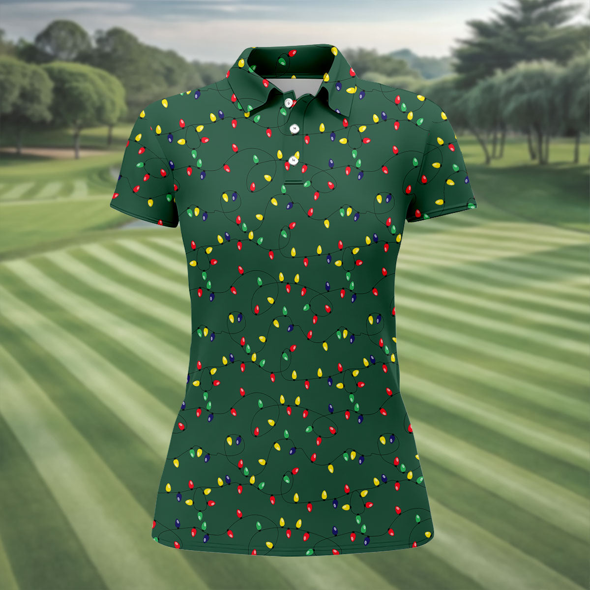 Christmas Colorful Lights Green Golf Shirt, Christmas Golf Shirt, Women's Golf Tops, Ladies Golf Shirts