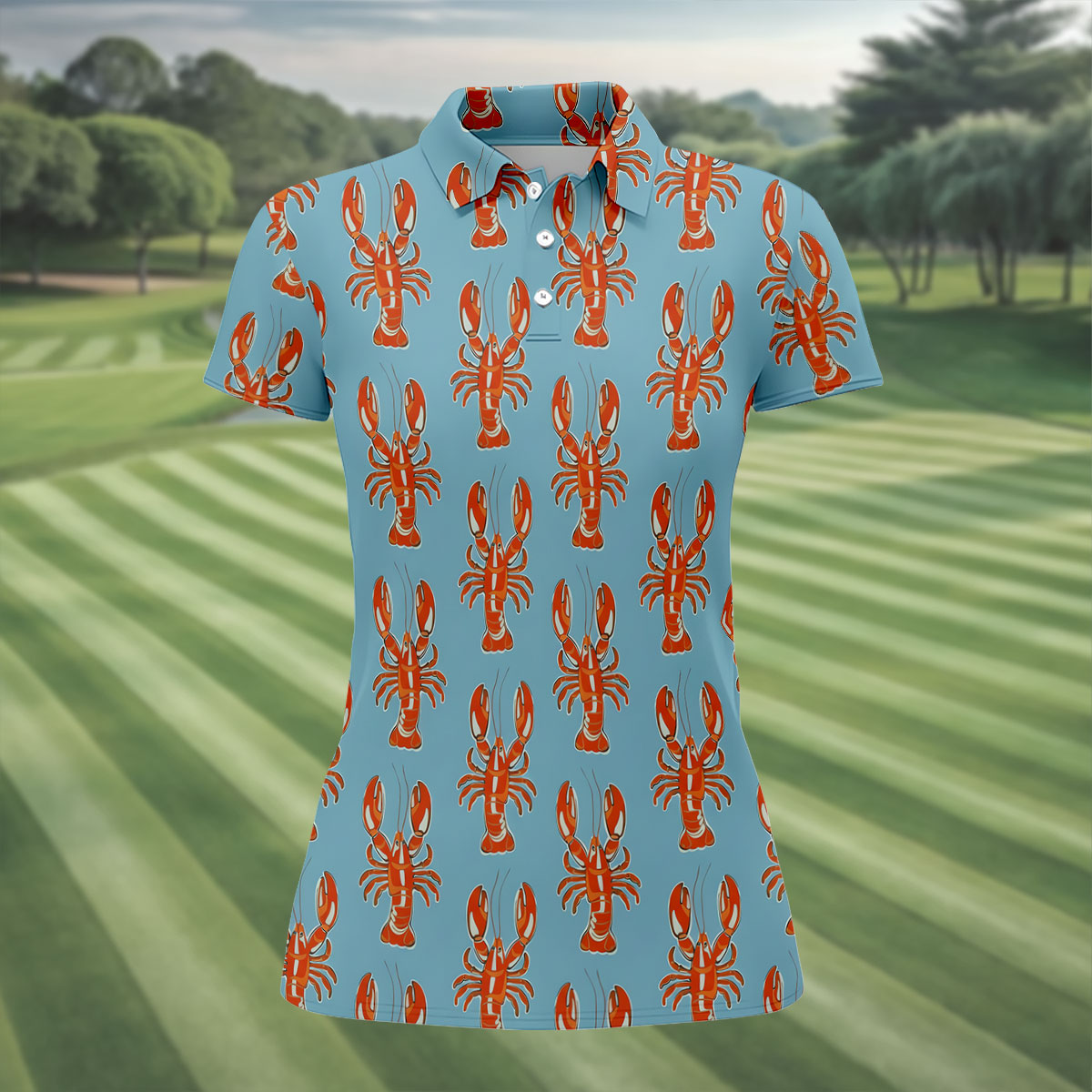 Orange Lobsters Light Blue Mardi Gras Golf Shirt, Women's Golf Shirts, Women's Golf Tops, Ladies Golf Shirts