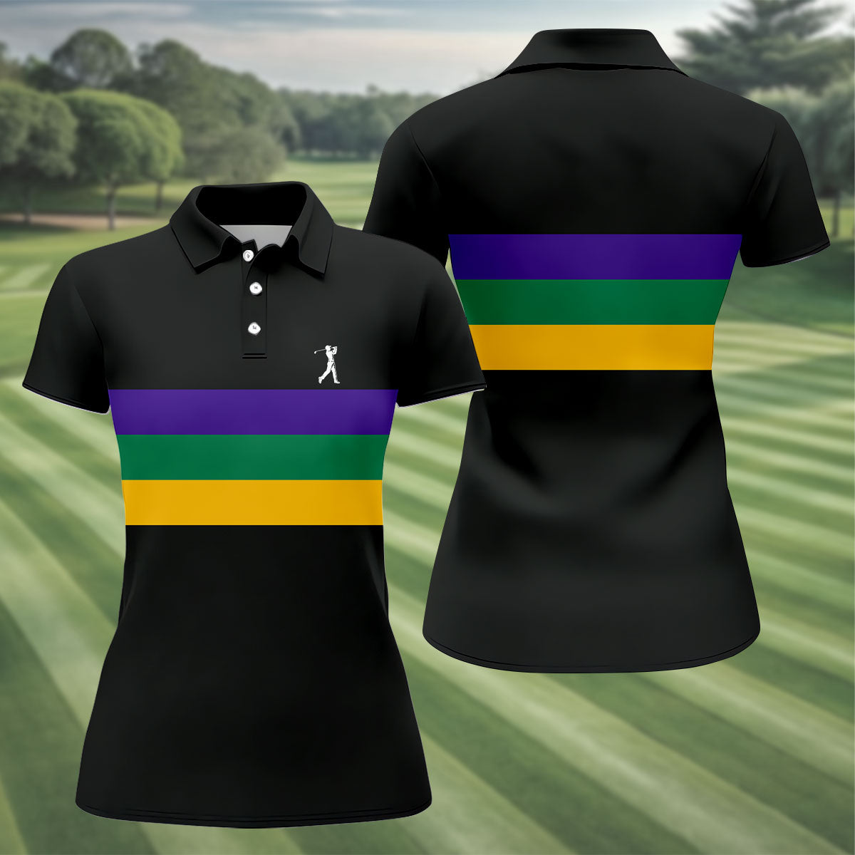 Mardi Gras Purple Green Gold Horizontal Stripes Black Golf Shirt, Women's Golf Shirts, Ladies Golf Polos