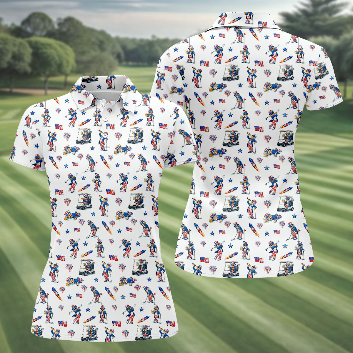 Patriotic Man Golf And Beer Funny 4th Of July White Golf Shirt, 250 Years Seamless Pattern Women's Golf Tops
