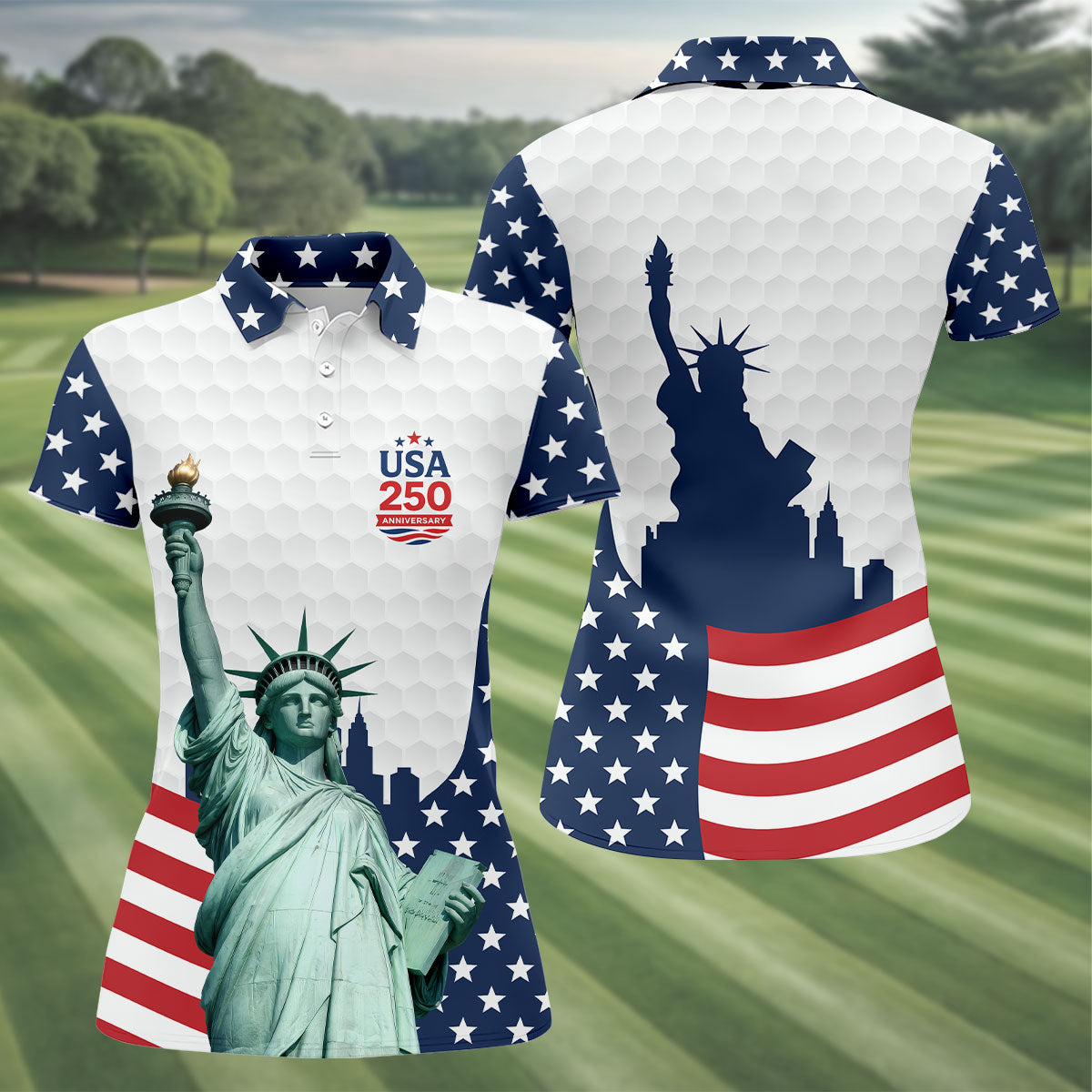 USA 250 Anniversary Statue Of Liberty White Golf Shirt, Patriotic Golf Shirt, 4th Of July Women's Golf Tops