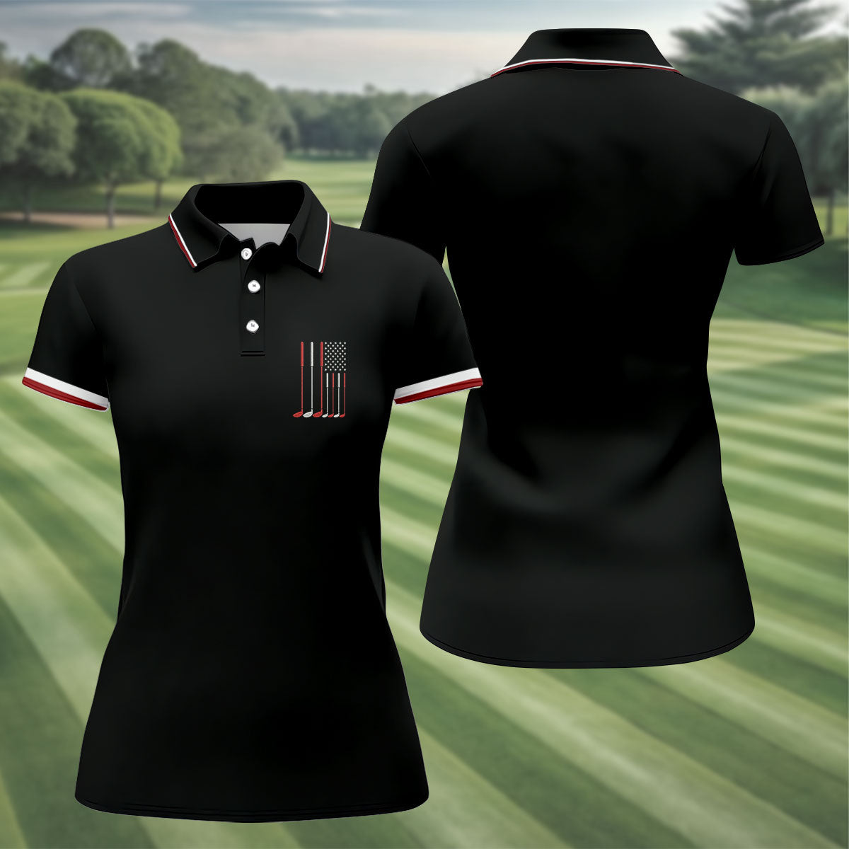 Golf Clubs America Flag Logo 250th Anniversary Black Golf Shirt, Patriotic Golf Shirt, Women's Golf Tops