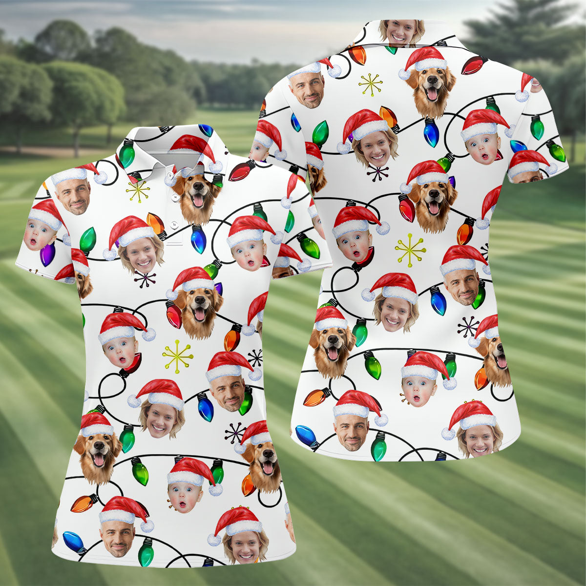 Custom Family Portrait Christmas Lights Pattern Women Golf Top, Christmas Golf Shirt, Ladies Golf Tops