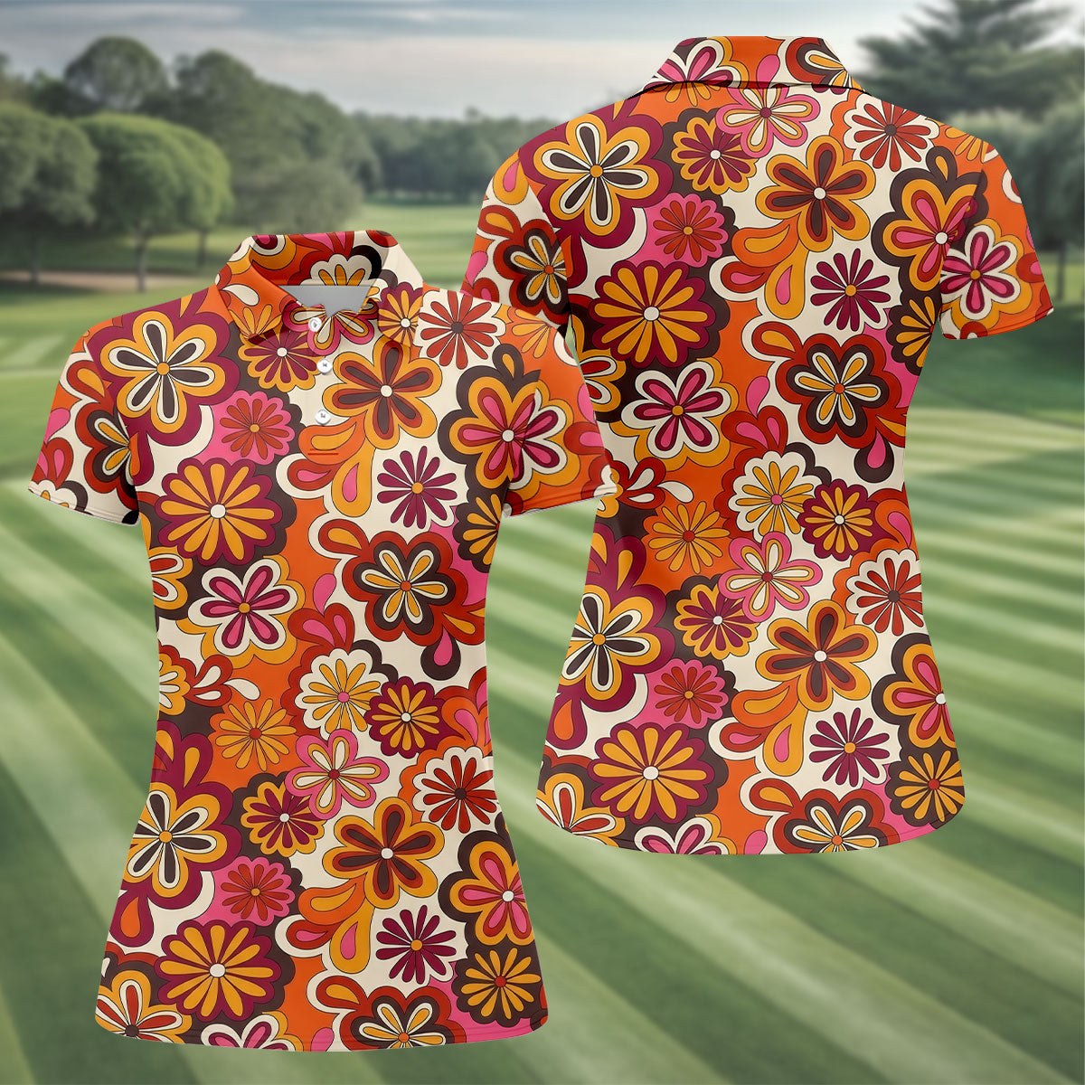 Retro Floral Pattern 70s Color Ladies Golf Tops, Retro Golf Shirt, Women's Golf Tops, Ladies Golf Shirt