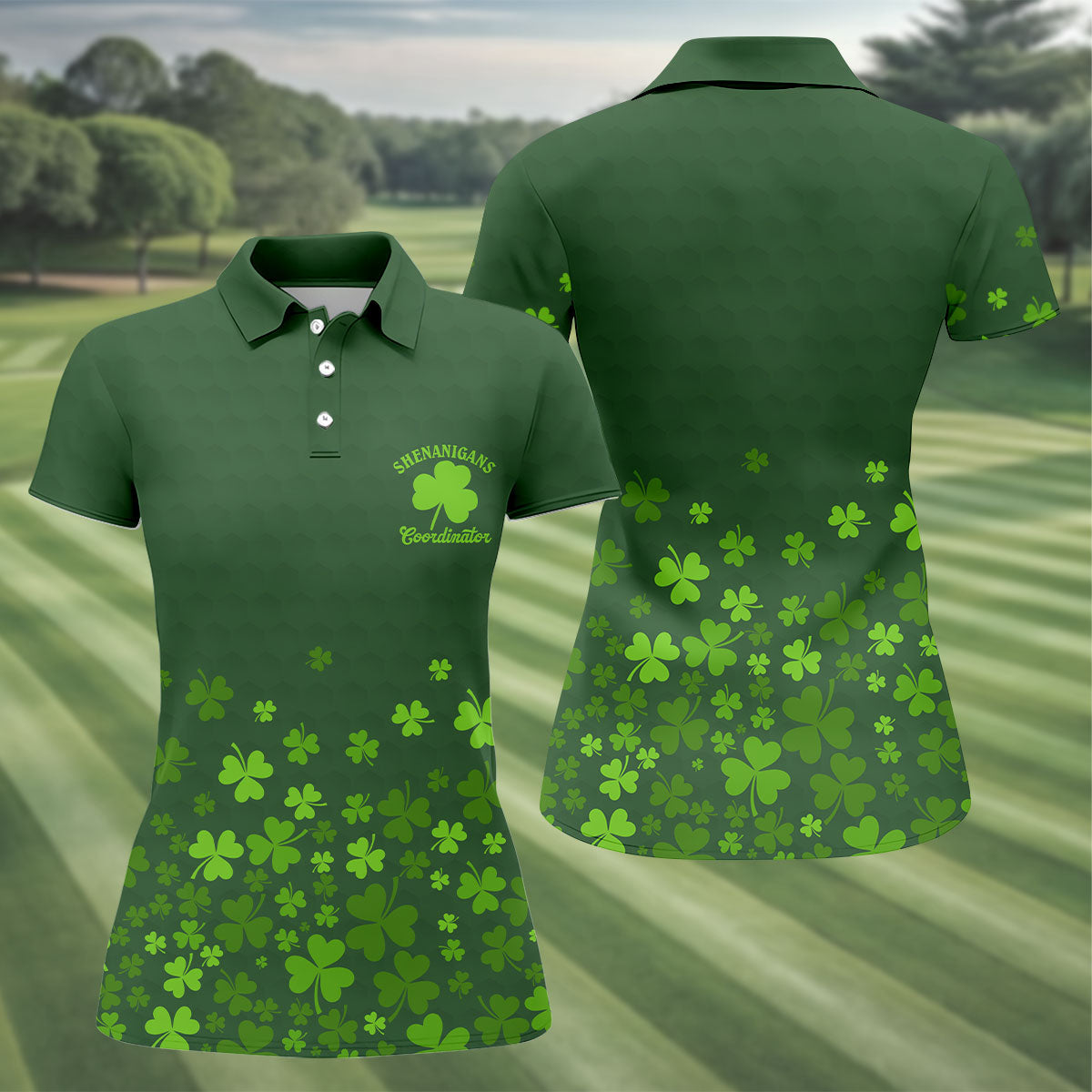 Shenanigans Coordinator Golf Ball Pattern St Patrick Day Green Golf Shirt, Women's Golf Tops, Ladies Golf Polos