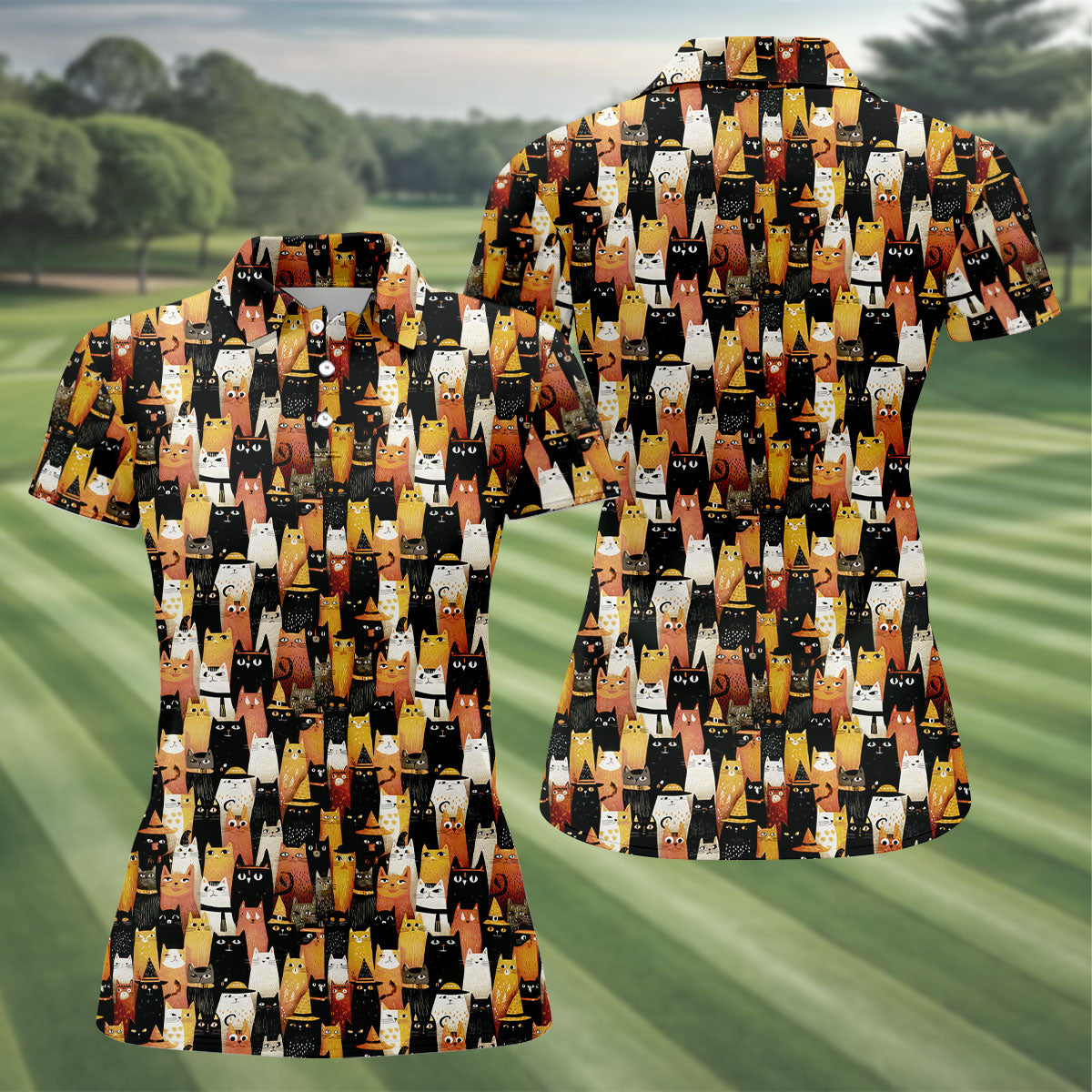 Orange Black Halloween Cat Funny Golf Shirts Women, Cute Golf Outfit, Ladies Golf Polos