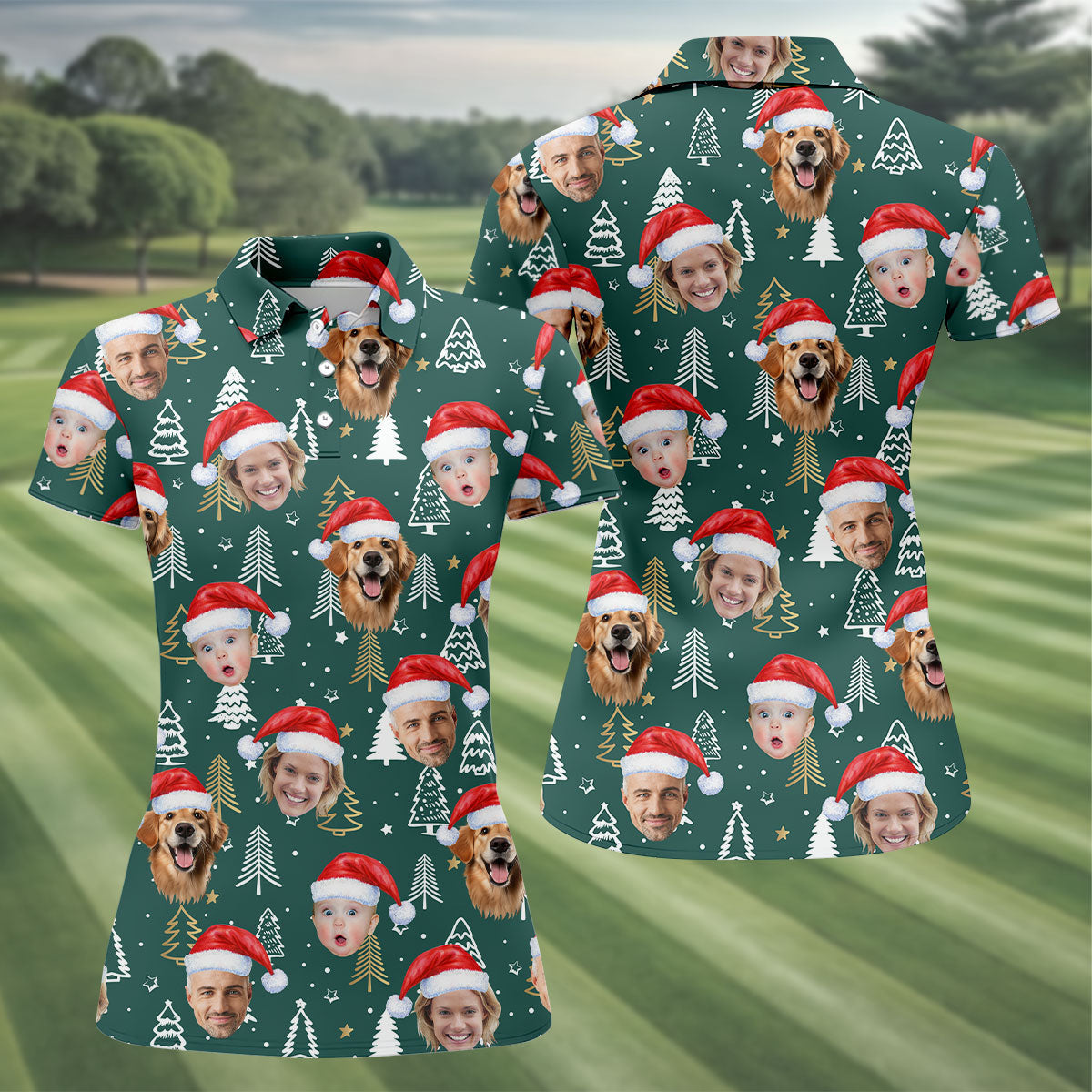 Custom Face Pine Tree Pattern Dark Green Christmas Golf Shirt, Ladies Golf Shirts, Golf Gifts For Women