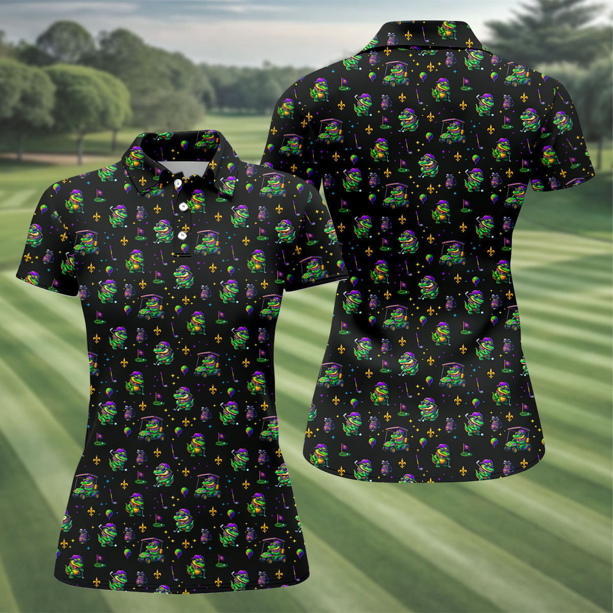 Funny Crocodile Mardi Gras Golf Shirts, Black Golf Shirt, Festive Women Golf Top, Ladies Golf Shirts