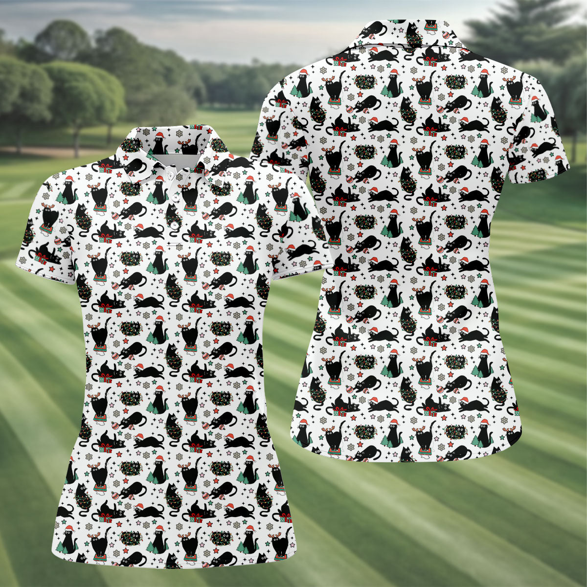 Xmas Black Cat Women's Golf Shirts, Ladies Golf Tops, Golf Gifts For Women, Christmas Golf Shirt