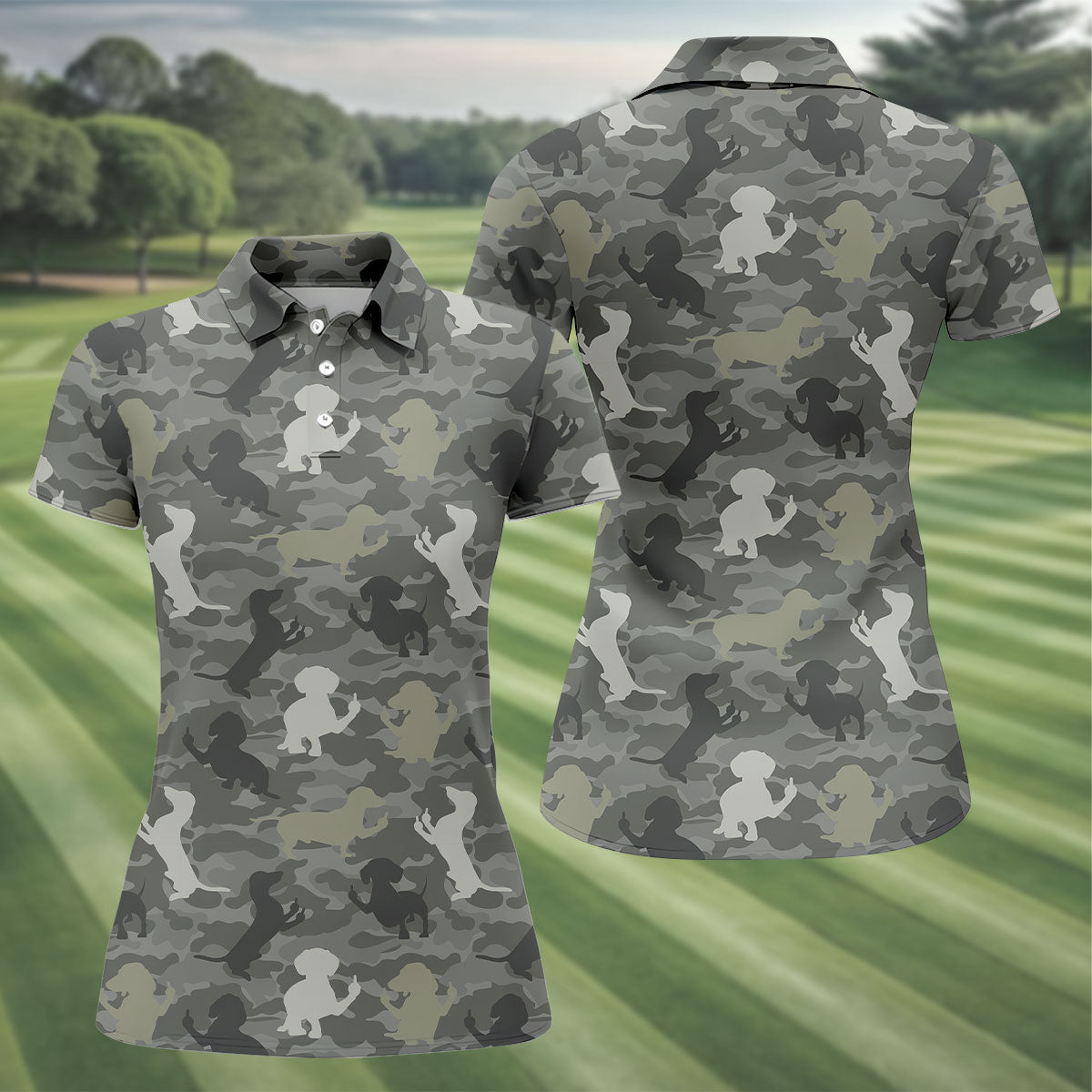 Grey Camo Poodle Dog Pattern Womens Golf Shirt, Womens Polo Shirt, Golf Shirt For Women