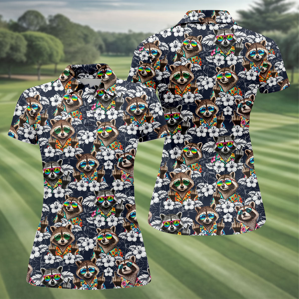 Cool Raccoon Sunglasses Tropical Golf Shirt, Funny Golf Shirt, Women's Golf Shirt, Golf Polo For Women