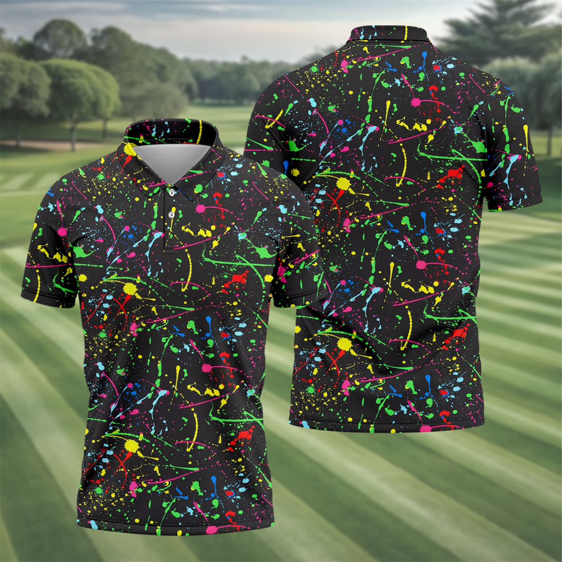 Neon Paint Splatter Pattern Hawaiian Golf Shirt, Golf Shirts For Men, Polo Shirts For Men