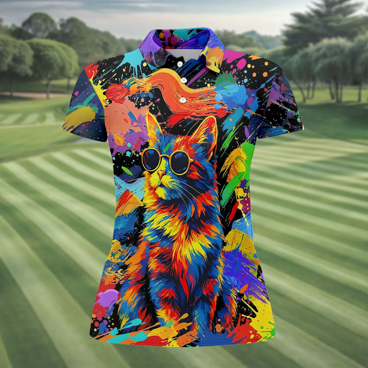 Colorful Cat Sunglasses Paint Splash Golf Shirt, Women's Golf Tops, Performance Golf Shirt