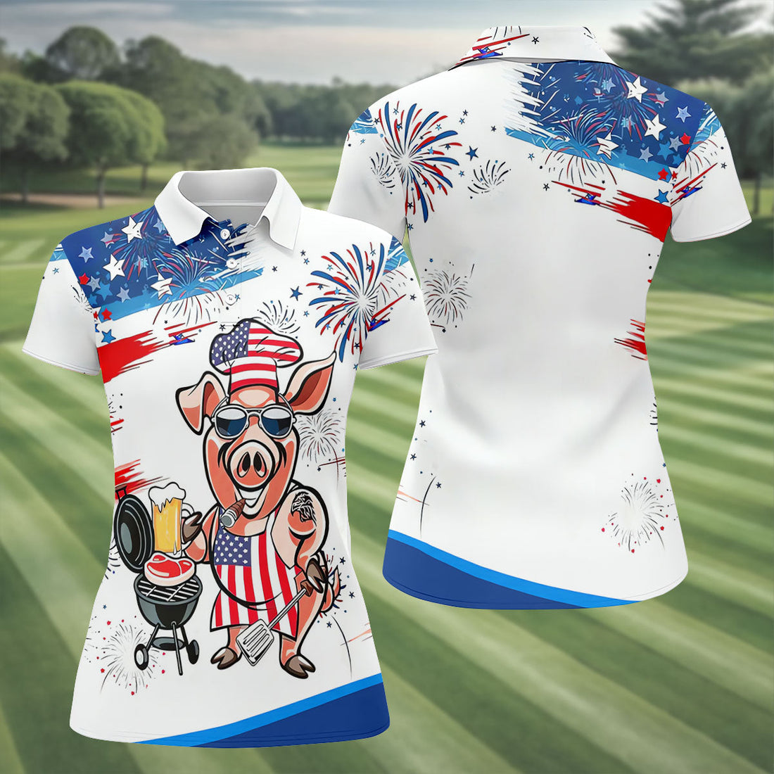 Patriotic American Flag Funny BBQ 250th Anniversary Women's Polo Shirt, Ladies Golf Shirts