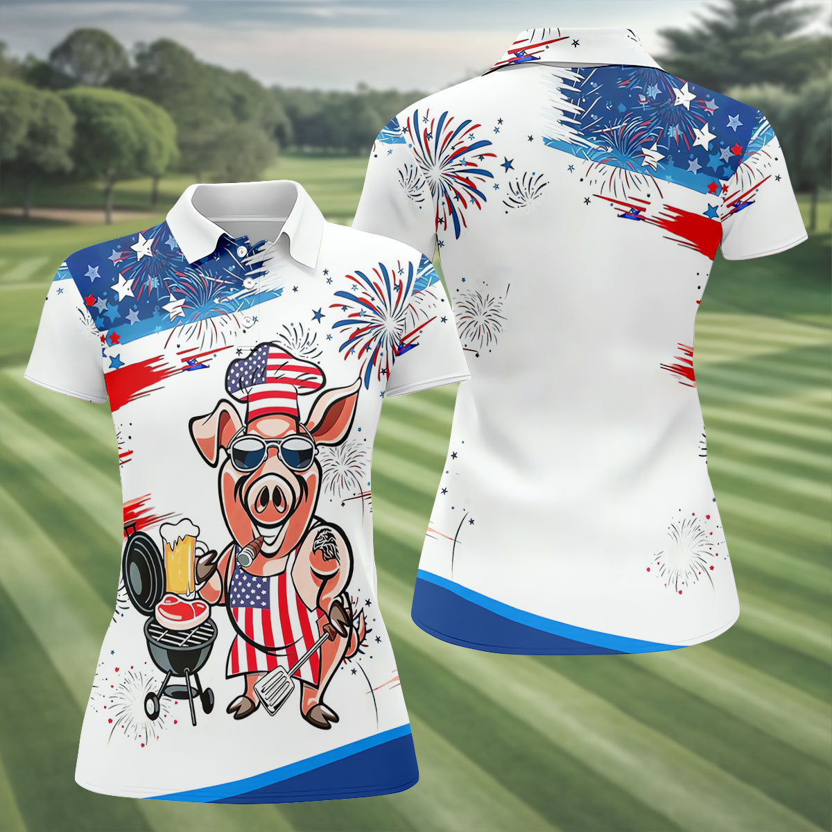 Patriotic American Flag Funny BBQ 250th Anniversary Women's Polo Shirt, Ladies Golf Shirts