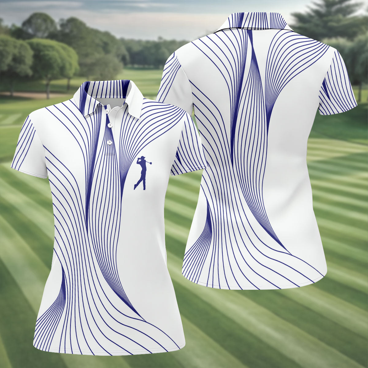 Geometric Line Wavy Line Purple And White Women's Golf Tops, Ladies Golf Shirts, Women's Polo Shirt