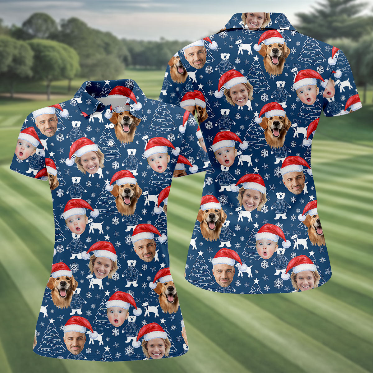 Custom Face Snow Figure Navy Golf Shirt, Christmas Golf Shirt, Women's Golf Tops, Ladies Golf Shirts
