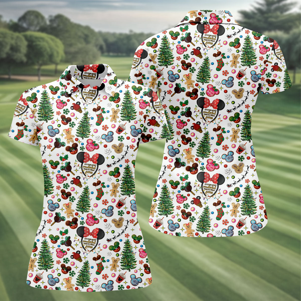 Christmas Cute Pattern Women Golf Top, Cartoon Print Ladies Golf Polos, Christmas Golf Shirt, Golfing Apparel
