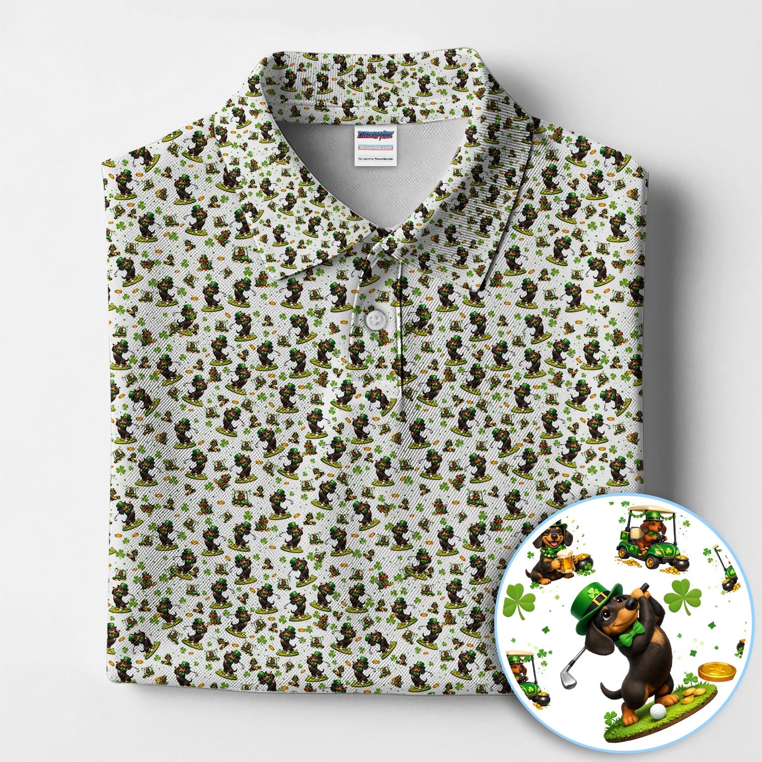 Dachshund Leprechaun Pattern Golf Shirt, Funny St.Patrick’s Day Golf Polos, Crazy Golf Gift For Golfer
